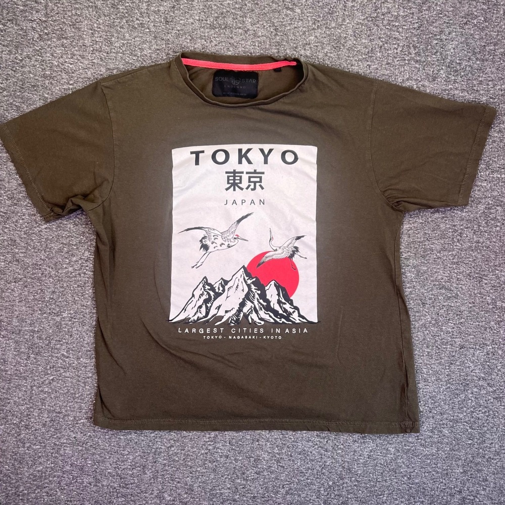 Soul Star Tokyo Japan Graphic T-Shirt Mens Large Olive Green Cranes Mountains